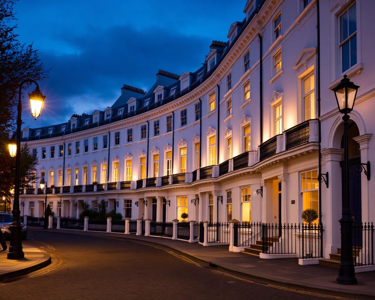 Elegant London townhouses at dusk